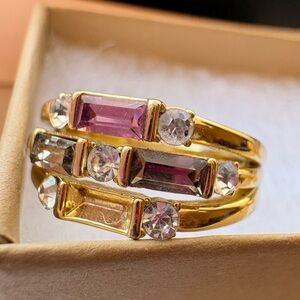 Sparkling Crystal and Rhinestone and Pink Gemstone Gold Ring
